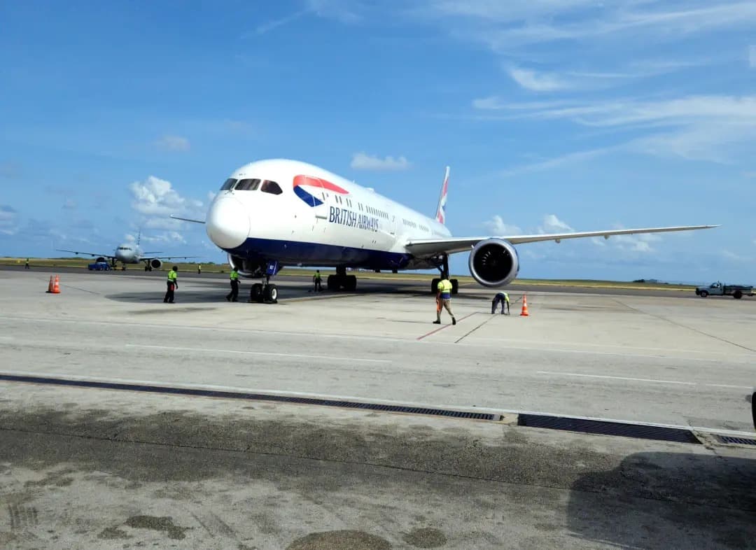 British Airways' 787-10 Dreamliner lands from London, Heathrow to Barbados