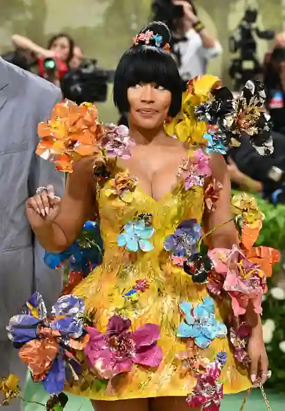 Nicki Minaj at Met gala in yellow coloured floral dress