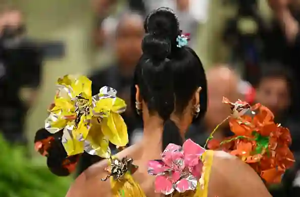 Nicki Minaj at Met gala in yellow coloured floral dress